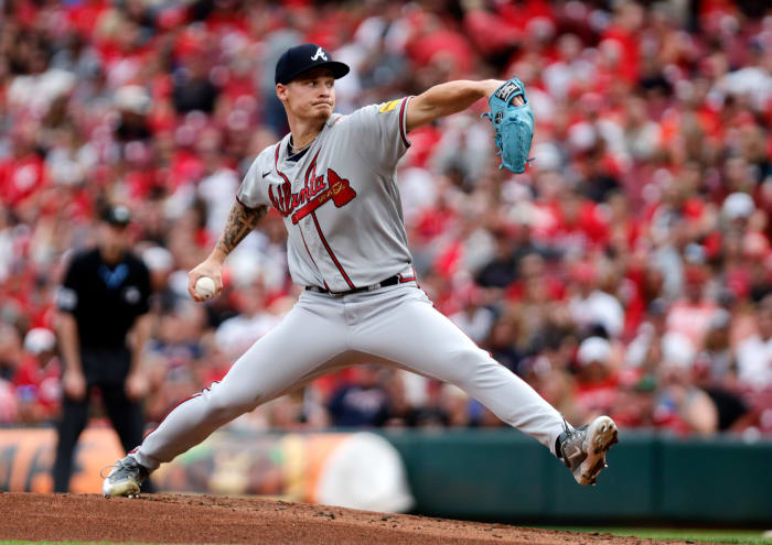 Jun 23, 2023; Cincinnati, Ohio, USA; Atlanta Braves starting pitcher AJ Smith-Shawver (62) throws a pitch against the Cincinnati Reds during the first inning at Great American Ball Park.